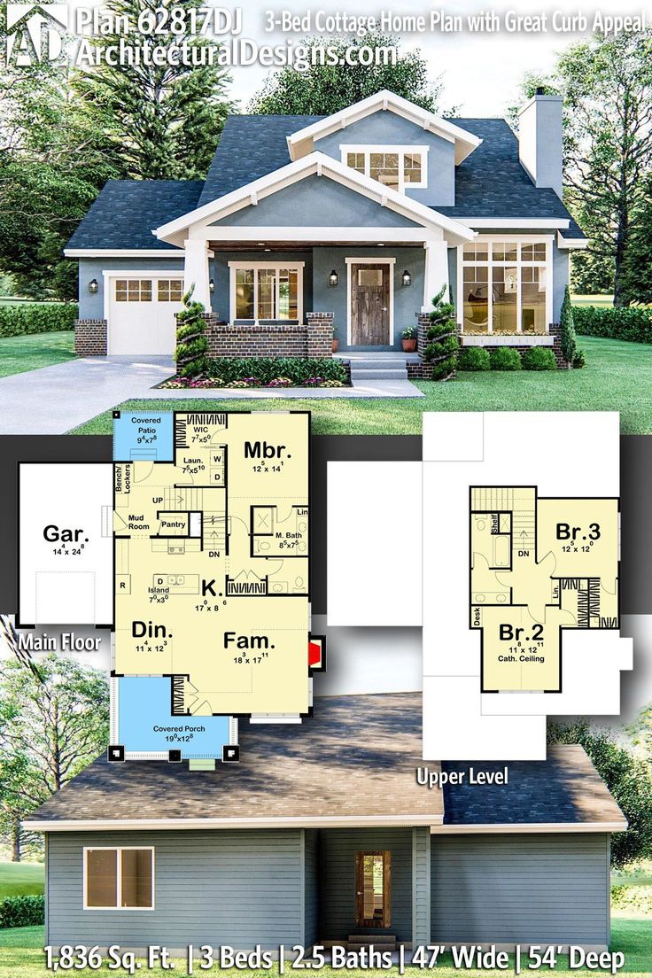 two story house plan with 3 bedroom and 2 bathroom, open floor plan for this home