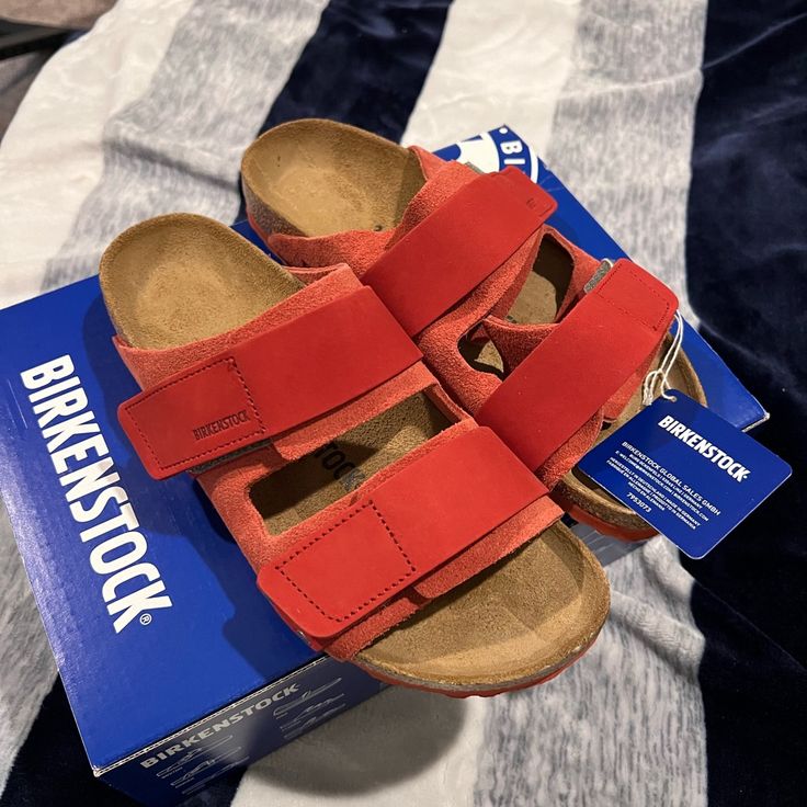 Nwt Birkenstock Uji Sandals Color: Sienna Red Size: 39 Eu Red Flat Sandals With Buckle Closure, Red Buckle Closure Sandals For Beach, Red Sandals With Buckle Closure For Beach, Casual Red Leather Sandals, Red Flat Heel Sandals With Buckle Closure, Red Cushioned Slides For The Beach, Red Cushioned Slides For Beach, Red Slides With Cushioned Footbed For Beach, Comfortable Red Slides With Round Toe