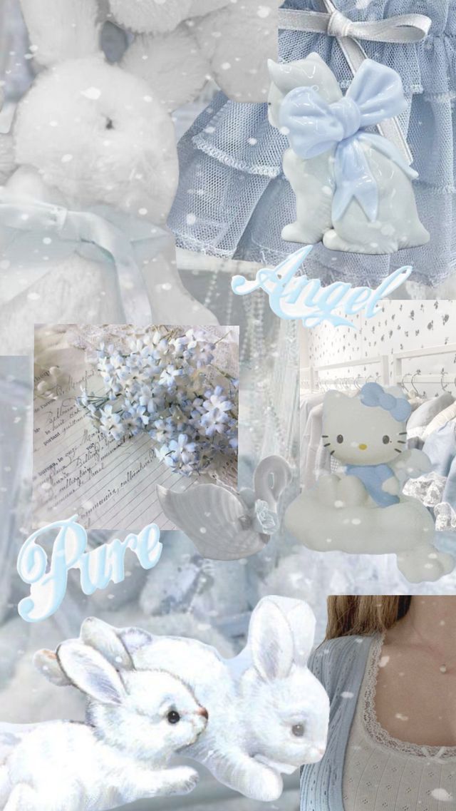 a collage of white and blue items with snow falling down on them, such as a teddy bear