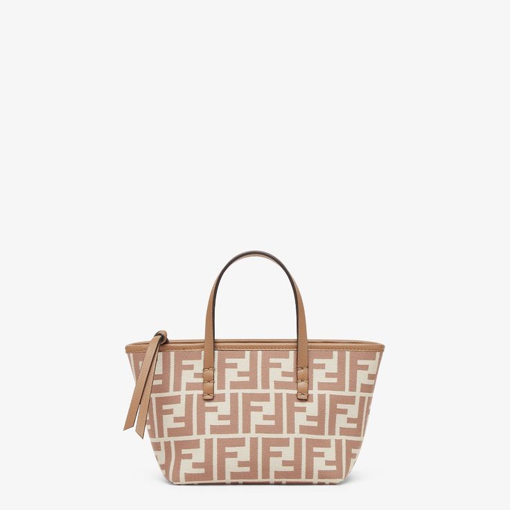 Mini shopping bag made of jacquard fabric with an iconic beige FF motif. Embellished with tone-on-tone leather and a zip fastening with a long, knotted leather zip pull. It features a Pequin striped fabric-lined internal compartment and gold-finish metalware. The bag can worn on the shoulder or carried by hand thanks to the removable shoulder strap and beige leather handles, embellished with Selleria hand stitching. Made in Italy Mini Shopping Bag, Montblanc Pen, Belt Jewelry, Striped Fabric, Armani Wallet, Fendi Belt, Ferragamo Belt, Saint Laurent Wallet, Fendi Wallet