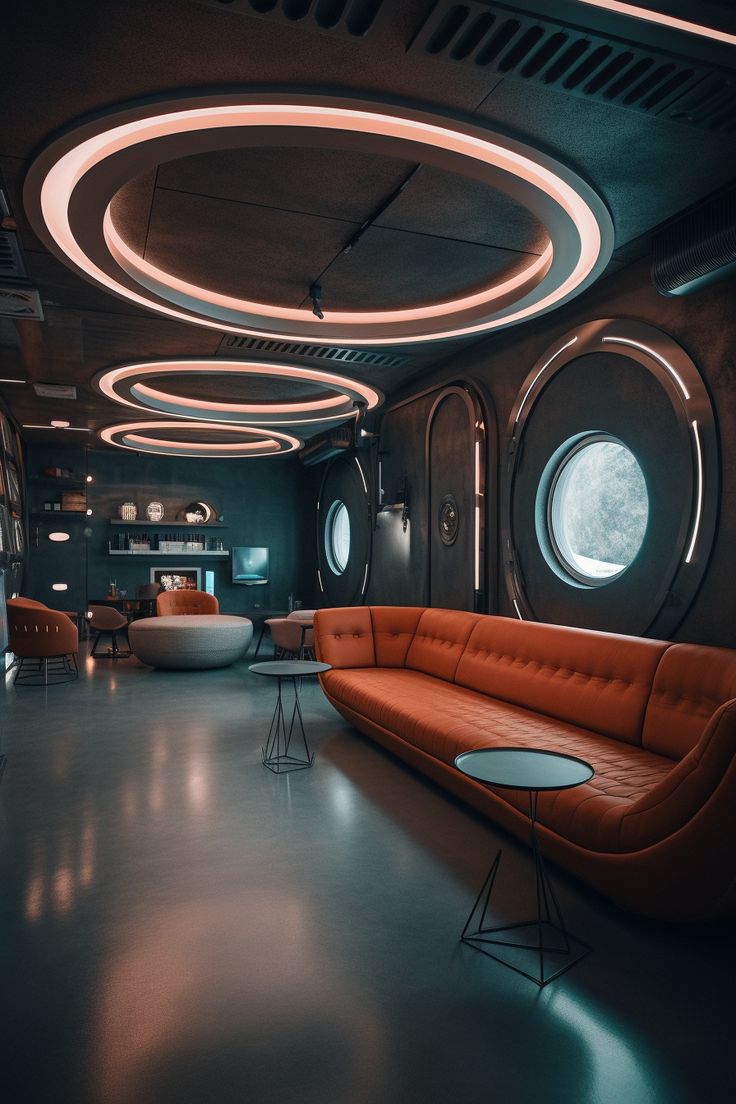 an orange couch sitting in the middle of a room with round windows and circular lights