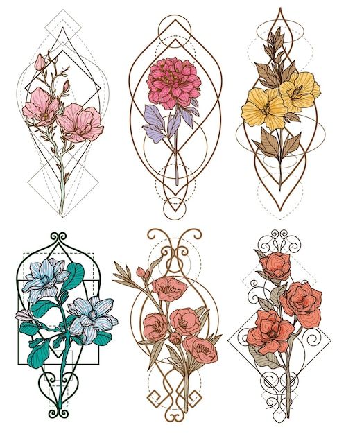 four different types of flowers are shown in this drawing style, each with an intricate design