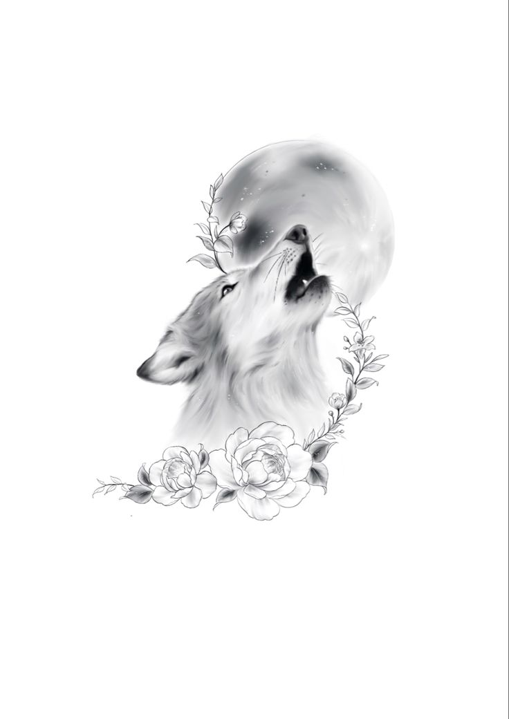 a drawing of two wolfs in front of a full moon with flowers around them