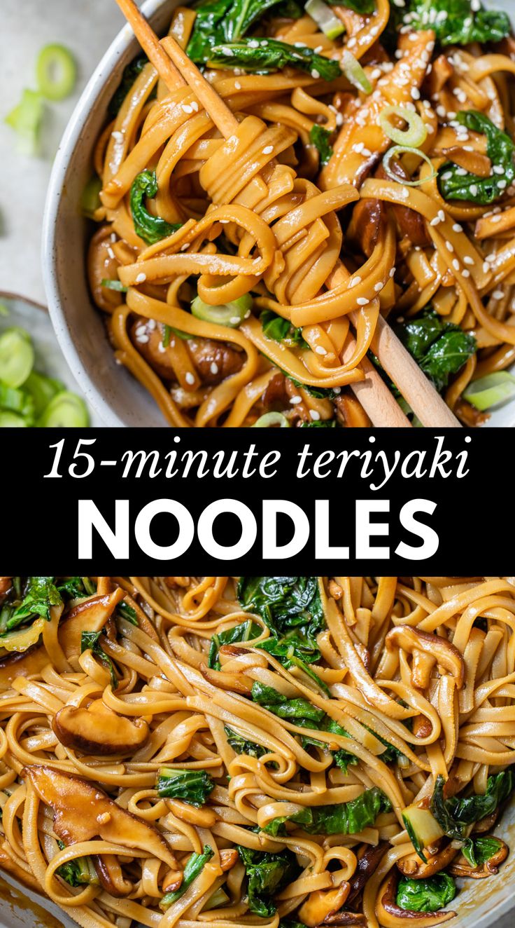 noodles with spinach and mushrooms in a pan, one has chopsticks to eat