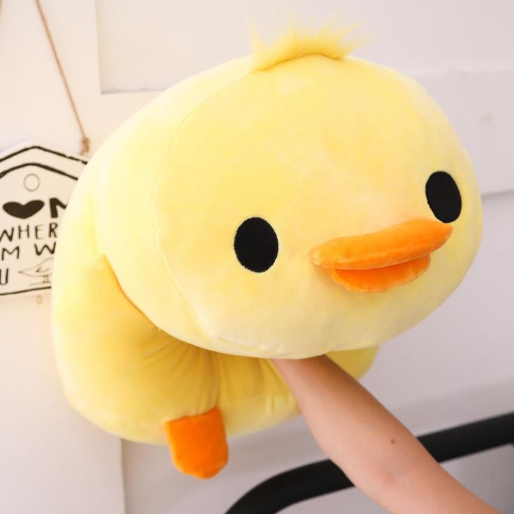 a person holding a yellow stuffed toy with black eyes and nose on it's face