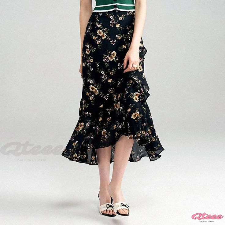 Qteee - Floral Print High-Waisted Asymmetrical Maxi Skirt with Slimming Fit Trendy Asymmetrical Skirt For Spring, Fitted Asymmetrical Skirt With Floral Print, Asymmetrical Hem Floral Print Skirt, Floral Print Flowy Skirt With Asymmetrical Hem, Flowy Floral Print Skirt With Asymmetrical Hem, Asymmetrical Lined Skirt For Spring, Spring Asymmetrical Lined Skirt, Trendy High-low Hem Skirt For Spring, Trendy Bottoms With Asymmetrical Hem For Spring