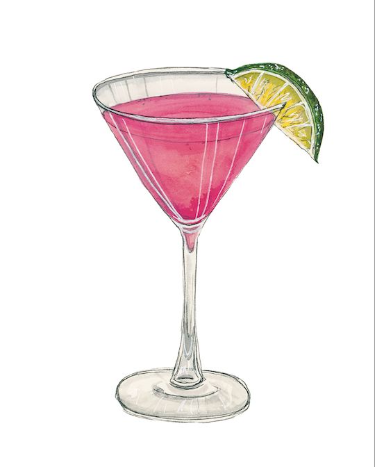 a watercolor drawing of a pink drink with lime and lemon wedges on the rim