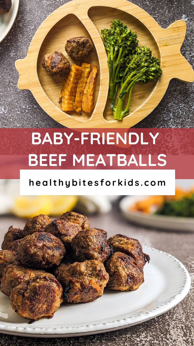 baby - friendly beef meatballs on a plate with broccoli