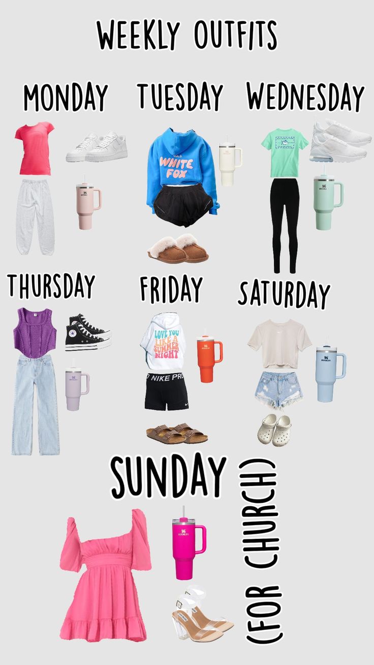 Weekly outfits What To Wear Each Day Of The Week, Weekly Outfits For School, One Week Outfit Plan, Outfits For The Week, Cute Easy Outfits For School, Clothes Combination, Week Of Outfits, Outfit Of The Week, Outfits Of The Week