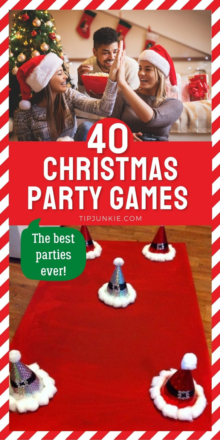 christmas party games with santa hats on top and people in the background looking at them