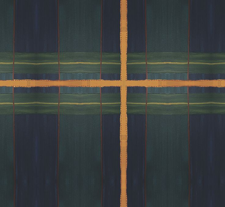 an abstract painting with squares and lines in green, blue, yellow and orange colors