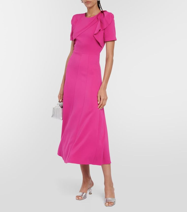 Asymmetrical Midi Dress in Pink - Roland Mouret | Mytheresa Fitted A-line Crepe Midi Dress, Formal A-line Viscose Midi Dress, Chic Midi Dress With Asymmetrical Neckline For Wedding Guest, Feminine Asymmetrical Midi Dress For Formal Occasions, Feminine Asymmetrical Midi Dress For Cocktail, Crepe Maxi Length Cocktail Dress, Feminine Asymmetrical Midi Dress For Evening, Feminine Midi-length Viscose Dress, Chic Short Sleeve Midi Dress For Wedding Guest