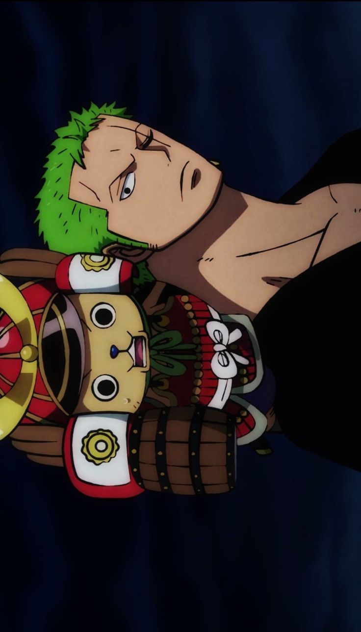 an animated image of a man with green hair on top of some drums and other musical instruments