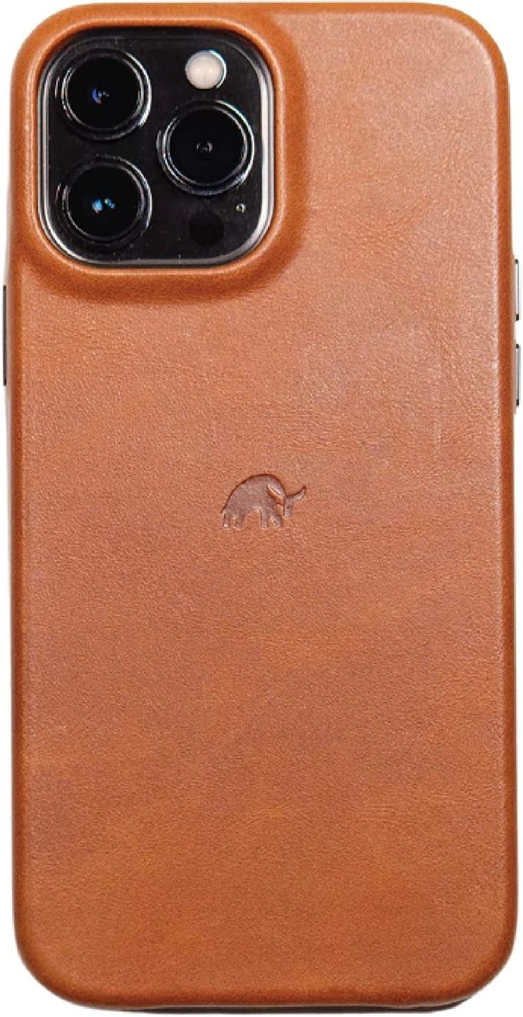 the back of an iphone 11 case in tan leather with two cameras on each side