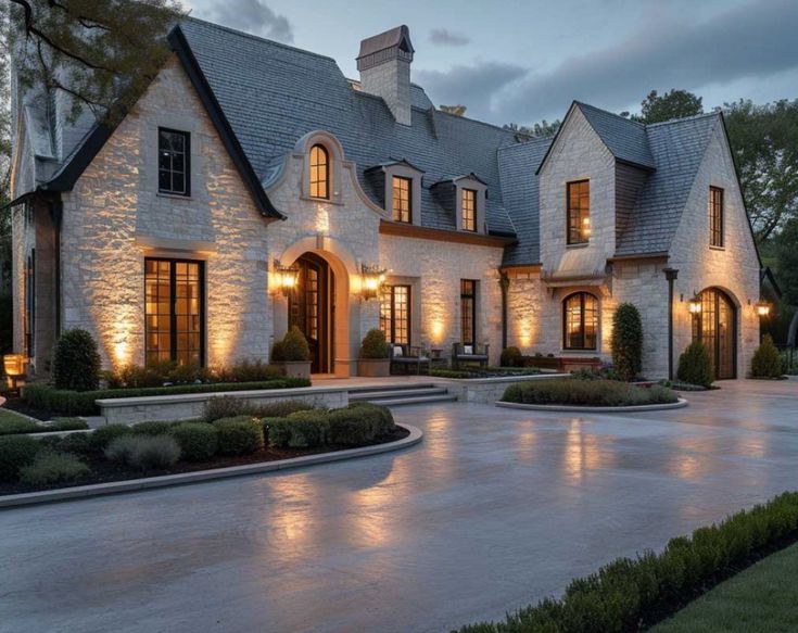 a large white brick house with lots of windows and lights on it's side