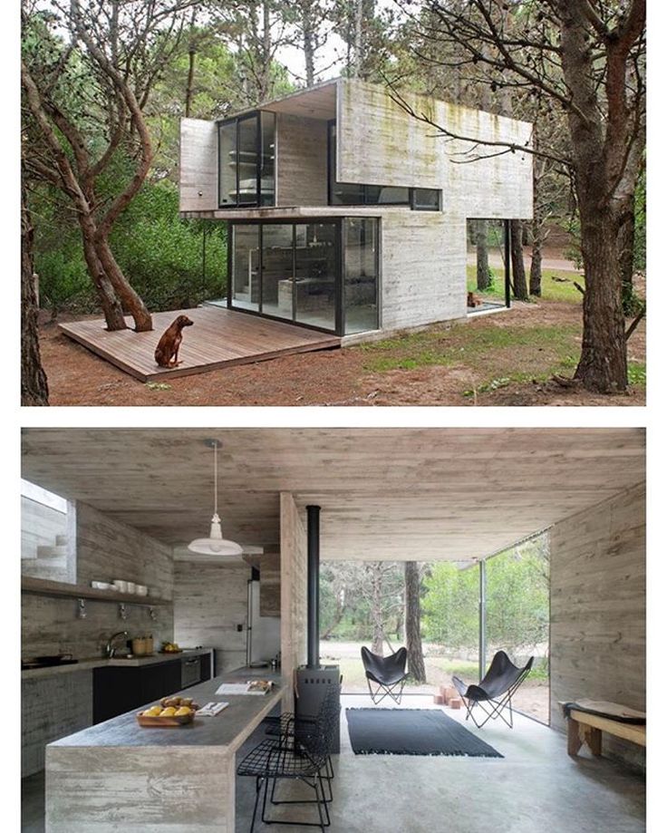 two pictures side by side showing the inside and outside of a house in the woods