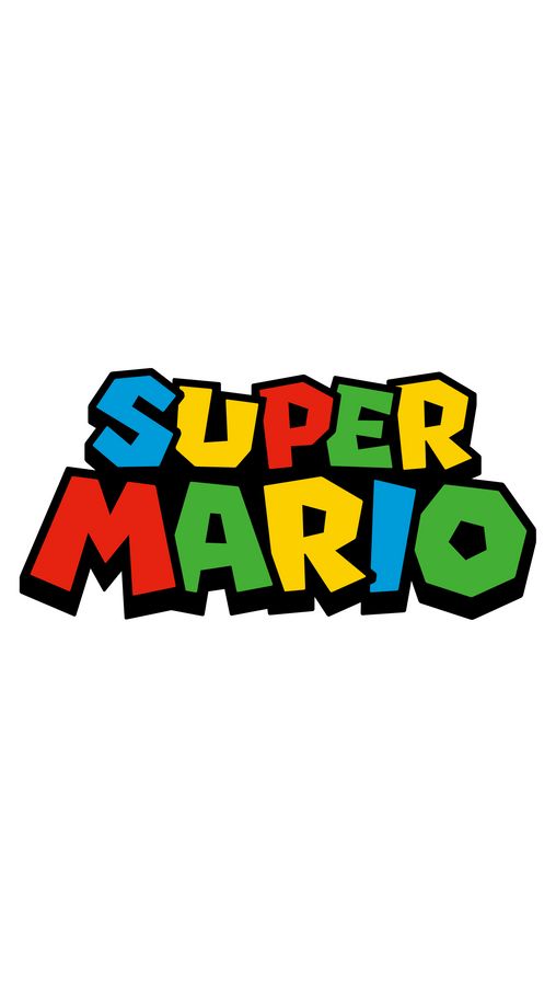 the logo for super mario is shown in red, yellow and green letters on a white background