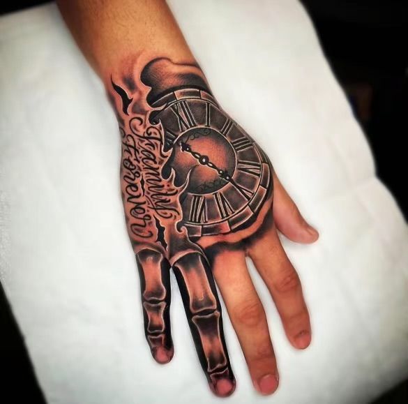 a hand with a clock tattoo on it