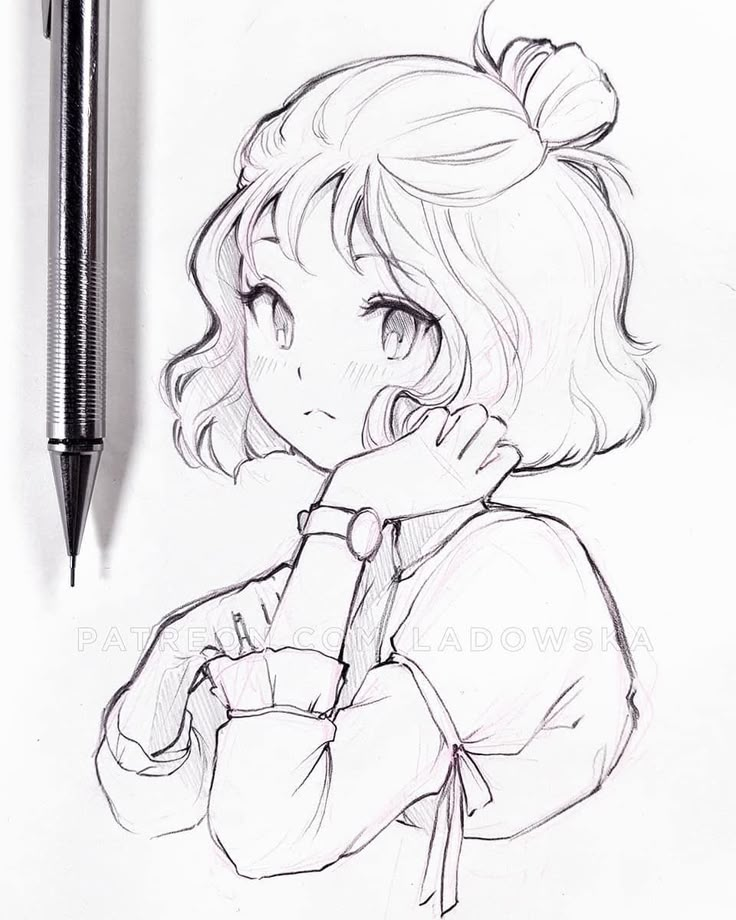 a pencil drawing of a girl with her hand on her chin, next to a pen