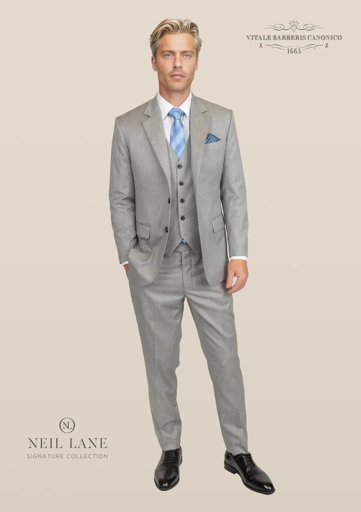 Astor Glacier Grey Twill Suit - SARTORO Wedding Three-piece Suit With Welt Pockets, Tailored Double Breasted Suit With Hidden Button, Elegant Tailored Double Breasted Suit With Hidden Buttons, Elegant Fitted Suit With Pressed Crease, Elegant Fitted Suits With Pressed Crease, Fitted Wool Business Sets, Luxury Fitted Single Breasted Three-piece Suit, Luxury Fitted Single-breasted Three-piece Suit, Custom Fit Notch Lapel Set For Semi-formal Occasion