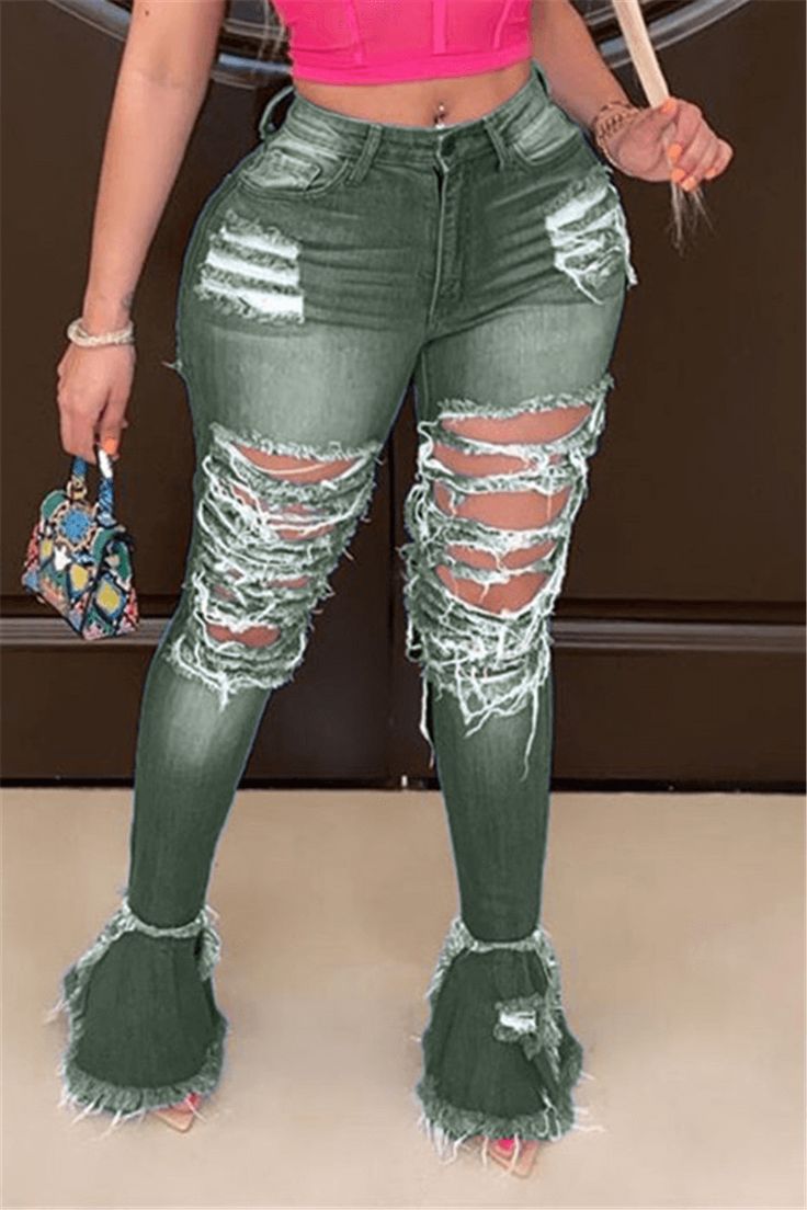 Green Denim Flare Jeans For Spring, Green Distressed Bottoms For Spring, Stretch Green Denim Pants, Trendy Green Distressed Bottoms, Spring Green Denim Flare Jeans, High Waist Green Denim Flare Jeans, Green Stretch Denim Pants, Green Distressed Jeans For Spring, Spring Green Distressed Bottoms