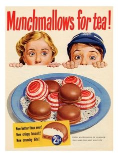 an old advertisement for munchmallows with two children peeking over the top