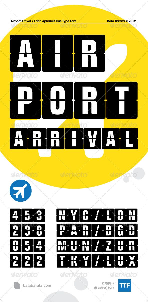 an air port arrival sign is shown in black and yellow, with the numbers below it