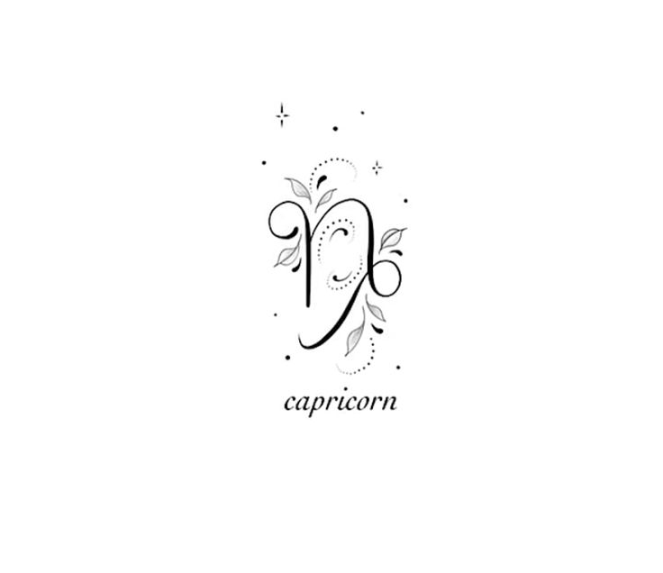 the logo for capricorn is shown in black and white, with leaves on it