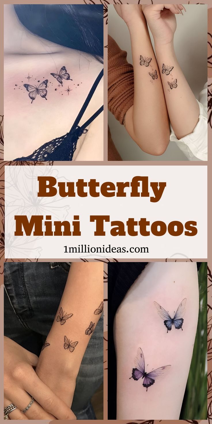 several different tattoos on the arms and legs, with butterflies flying around each one's arm