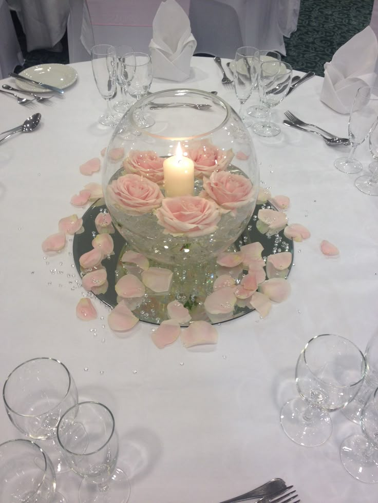 a centerpiece with pink roses in a glass bowl on a white table cloth surrounded by wine glasses and silverware