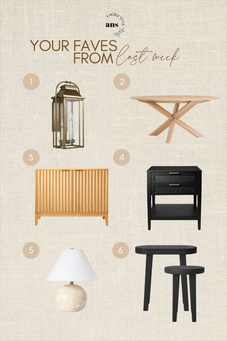 an assortment of furniture and lamps with the words your faves from east coast