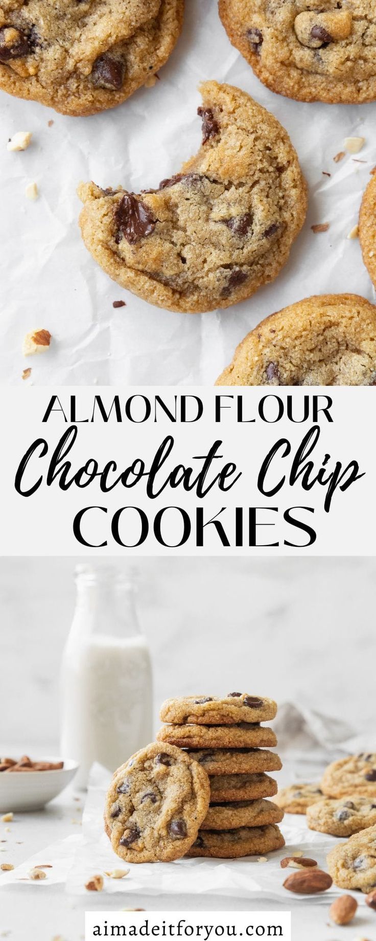 chocolate chip cookies stacked on top of each other with the words almond flour in front of them