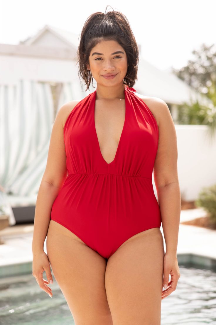 We absolutely love this swimsuit! This swimsuit has a fierce red color that's perfect for the season! It has a classic one-piece fit, features a tied halter neckline, and has the cutest keyhole bust! Wear this swimwear to every pool party on your calendar this Summer! #curvy #fashionoutfits #womensfashion #weekendvibes #saturdaystyle #trendyoutfit #swim #swimwear #bathingsuit #swimsuits2021 Red Ruched Swimwear For Party, Solid Color Ruched V-neck Swimwear, Solid V-neck Ruched Swimwear, Red Ruched Swimwear For Beach Season, Red Ruched Sleeveless Swimwear, Red Ruched One-piece Swimwear, Ruched V-neck Swimwear, V-neck Ruched Tankini For Swimming, Solid V-neck Swimwear For Party