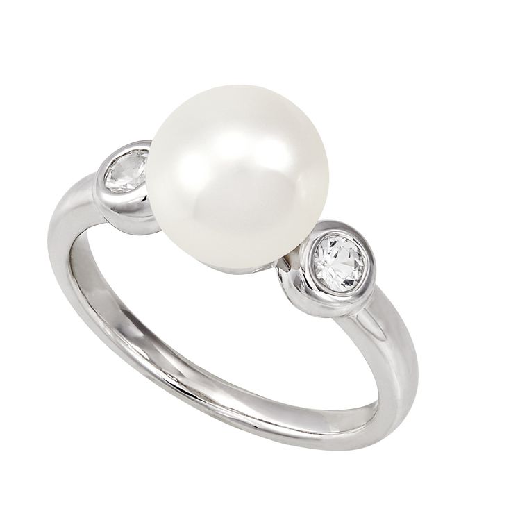 Crafted from sterling silver, this pearl ring is perfect for anyone with a June birthday. Enhanced with two white sapphires this is the perfect pearl ring you've been searching for. Anniversary Sterling Silver Pearl Ring With Diamond Accents, Diamond Pearl Ring With Polished Finish For Anniversary, Classic Sterling Silver Pearl Drop Ring, Sterling Silver White Gold Pearl Ring With Pearl Drop, Sterling Silver Pearl Drop Ring In White Gold, Silver Akoya Pearl Ring For Anniversary, Classic Pearl Rings In Diamond White, Timeless Pearl White Pearl Ring For Anniversary, White Gold Pearl Drop Ring In Sterling Silver