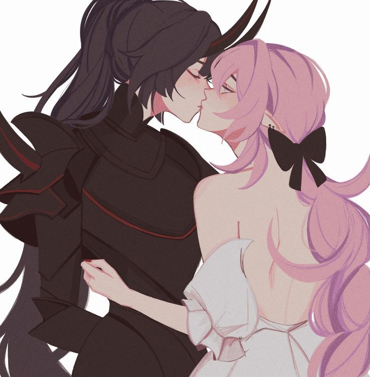 two anime characters hugging each other with pink hair and horns on their heads, wearing black outfits