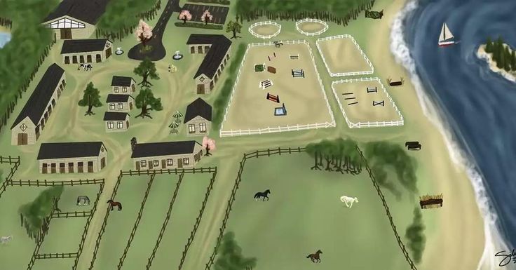 an aerial view of a small town by the ocean with horses and other animals in it