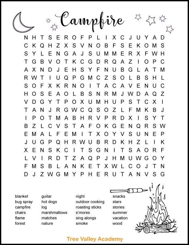 the camping word search is shown in black and white with stars on top of it