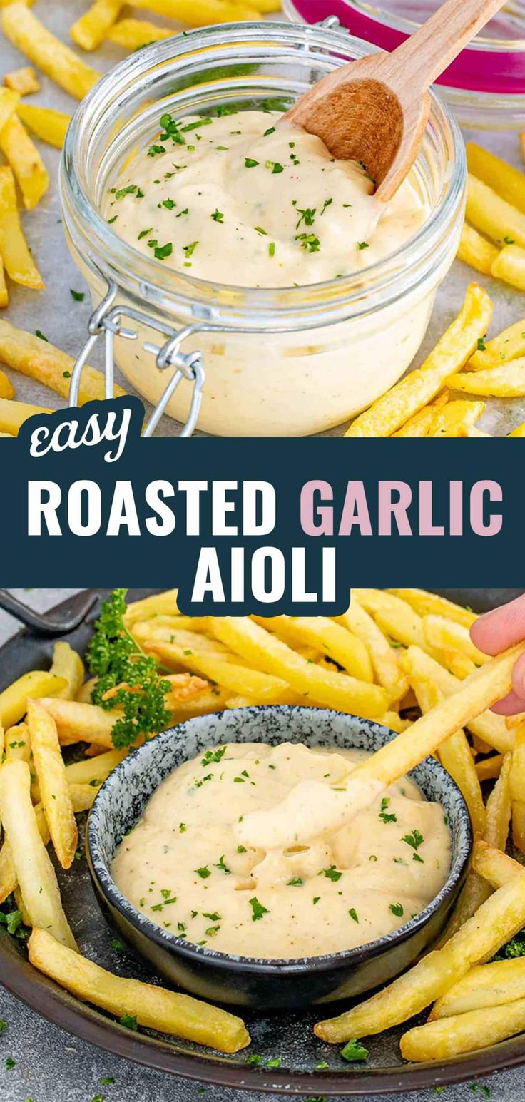 homemade garlic dip in a glass jar with fries and parsley on the side for dipping