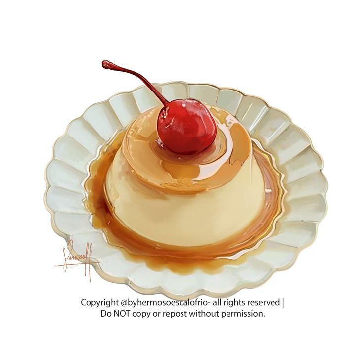 a cake with a cherry on top is sitting on a white plate and has sauce drizzled around it