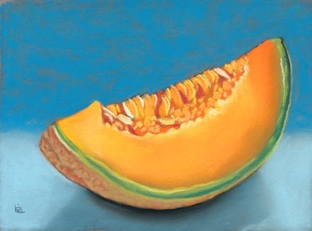 a painting of a piece of melon on a blue background