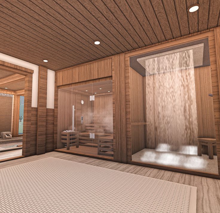 a room with wooden walls and flooring in the shape of an open air sauna