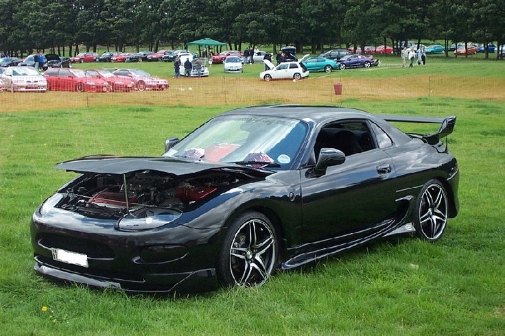 a black sports car with its hood open on the grass in front of other cars