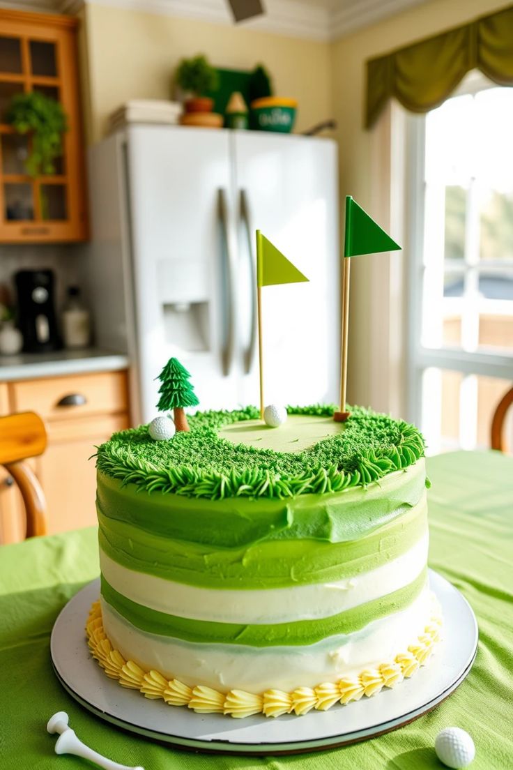 a green and white cake with a flag on top