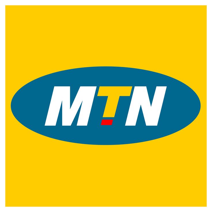 the mtn logo is shown in white and blue on a yellow background with an orange border