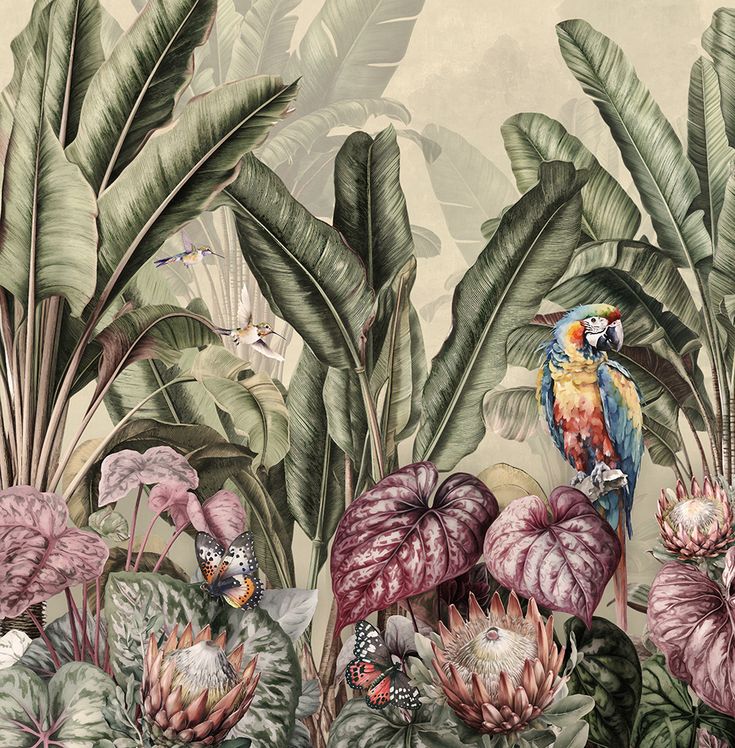 a painting of birds and tropical plants on a wall