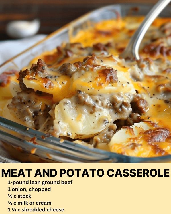 a casserole dish with meat and potatoes in it