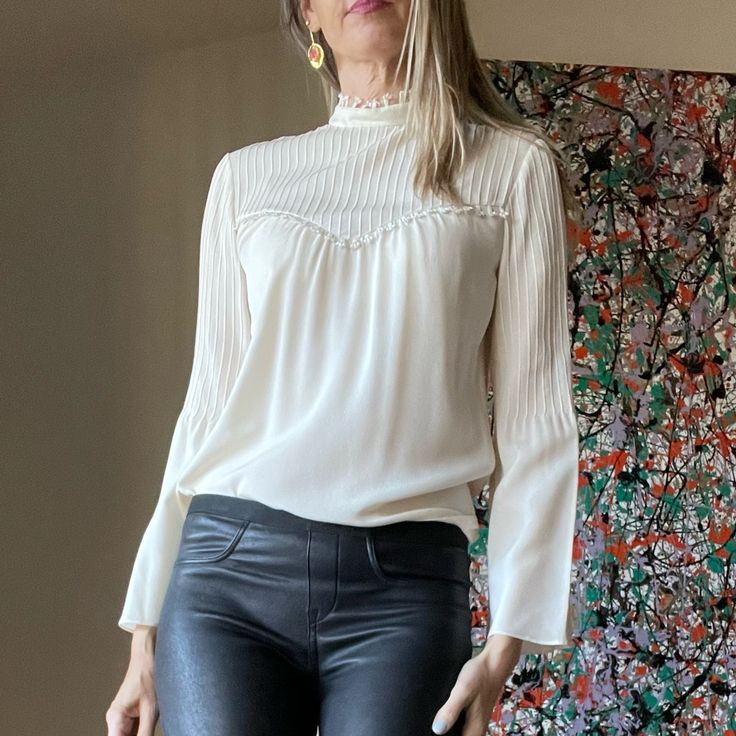 Gorgeous Blouse, No Material Or Size Tag, Fits Like A Small Or Size 4, Feels Like Silk. Unlined, Worn Once Then Dry Cleaned. Looks Brand New, No Flaws. For Reference I Am 5,10”, Size Small. Chest 19”, Shoulder To Hem 24.5”. Feminine Fitted Fall Blouse, Cream Tops For Office In Fall, Elegant Stretch Spring Blouse, Feminine Stretch Tops For Workwear, Elegant Cream Stretch Blouse, Feminine Stretch Blouse For Fall, Feminine Stretch Tops For Office, Cream Stretch Blouse For Spring, Cream Stretch Top For Work