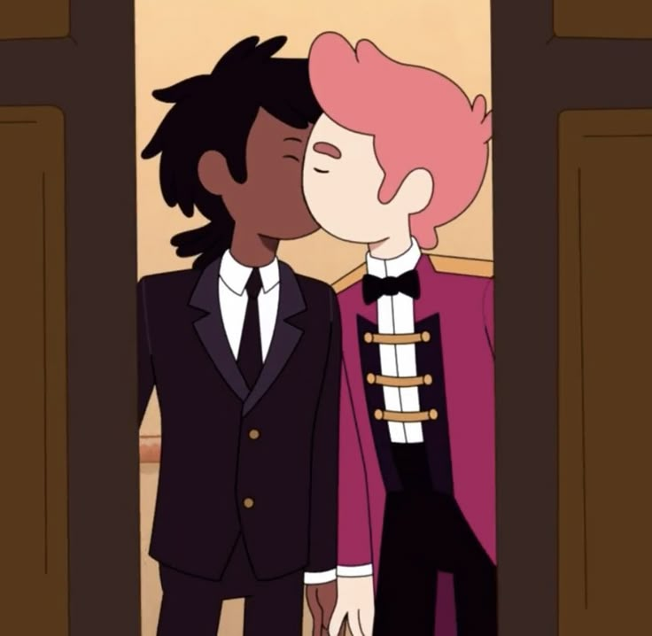 two cartoon characters are kissing each other in front of an open door, one is wearing a suit and the other has pink hair