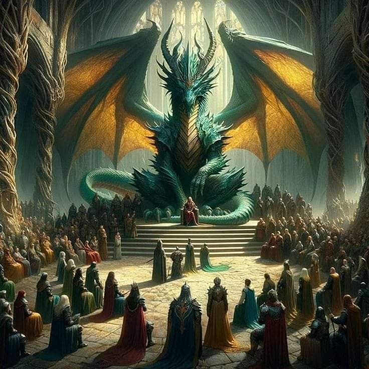 a large green dragon sitting on top of a stage surrounded by people in medieval dress