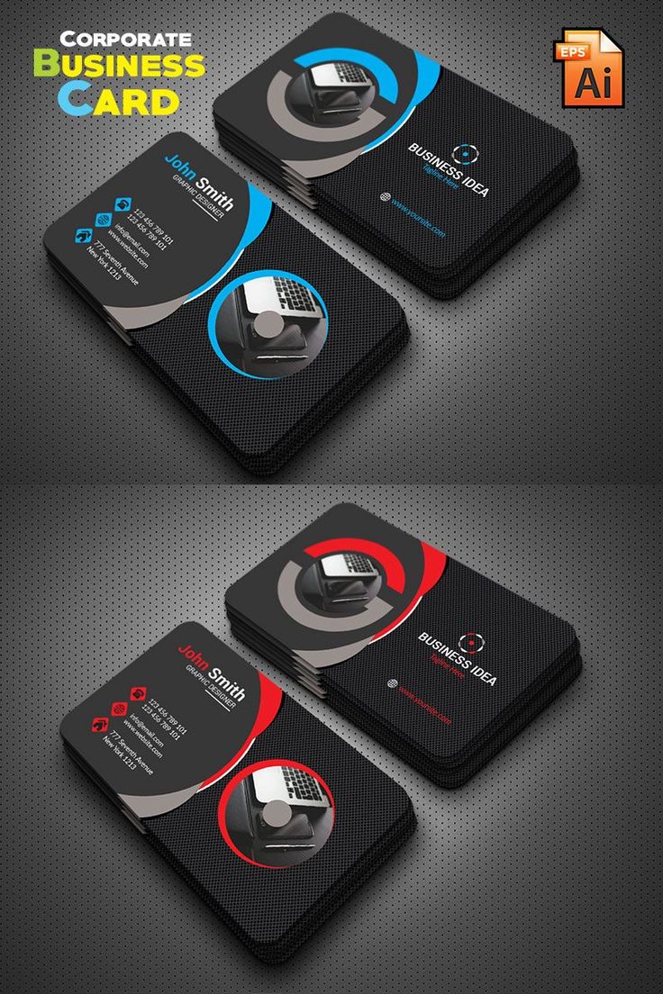 two different business cards with black and red accents, one has a computer mouse on it